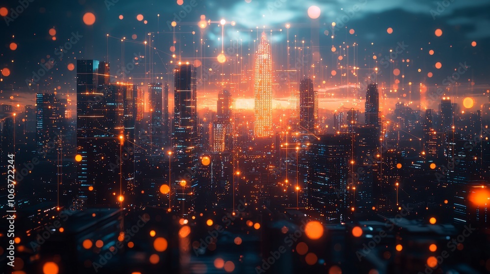 A stunning cityscape captured at sunset, with a luminous skyline filled with vibrant orange and blue lights, representing innovation and modern architecture in a digital era. A stunning cityscape captured at sunset, with a luminous skyline filled with vibrant orange and blue lights, representing innovation and modern architecture in a digital era.