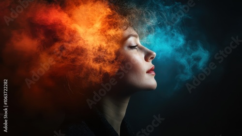 A woman stands with vibrant red and blue smoke swirling around her, creating a striking contrast and illustrating the duality of emotions and thoughts vividly.