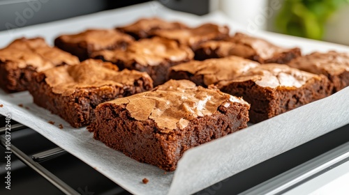 Squares of homemade chocolate brownies on parchment-lined rack; their crackly tops and rich interiors make them an enticing dessert showcase. photo