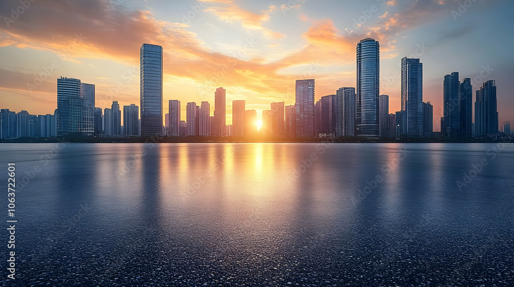 Cityscape with Skyscrapers and Sunset Reflection Photo Cityscape with Skyscrapers and Sunset Reflection Photo