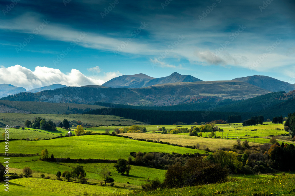 Auvergne Volcanoes Regional Natural Park. View of the Monts Dore massif . Puy de Dome. Aivergne-Rhone-Alpes. France Auvergne Volcanoes Regional Natural Park. View of the Monts Dore massif . Puy de Dome. Aivergne-Rhone-Alpes. France