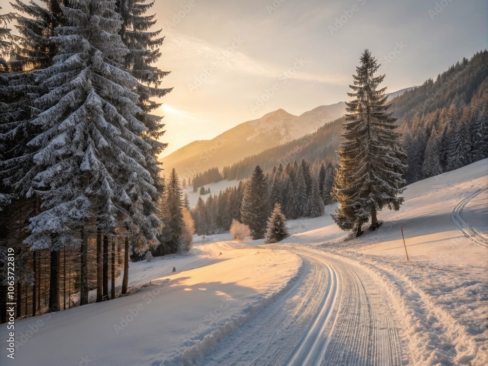 Soft Golden Light Illuminates a Serene Winter Wonderland with Snow-Covered Trees and Landscape Soft Golden Light Illuminates a Serene Winter Wonderland with Snow-Covered Trees and Landscape