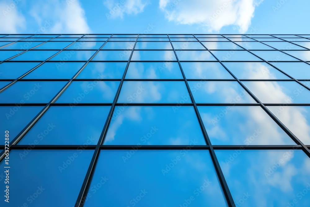Modern skyscraper facade reflecting blue sky and clouds. Modern skyscraper facade reflecting blue sky and clouds.