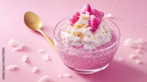 Chia Seed Pudding with Dragon Fruit in Clear Bowl: Elegant Food Photography, Gold Spoon, Coconut Flakes, Natural Light on Pale Pink Surface, Commercial Composition.