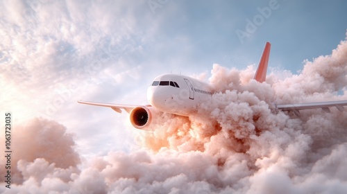 A commercial airplane soars through a fluffy cloudscape, its powerful engines cutting through the clouds as it ascends towards the vibrant blue sky above. photo