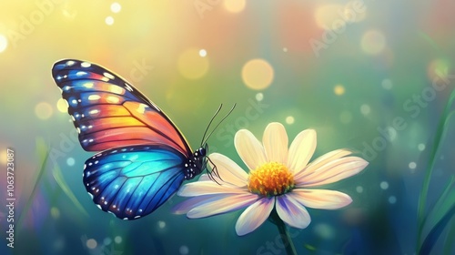 A vivid butterfly with blue and orange wings perched on a white flower.