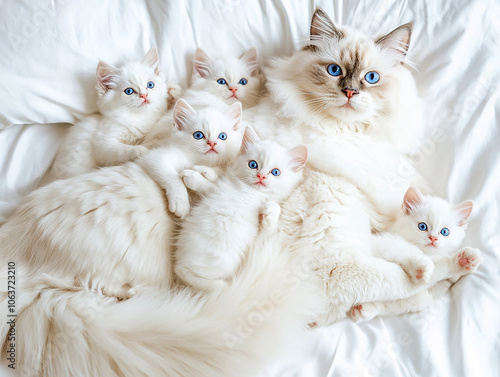 A cute white Ragdoll cat with blue eyes, and six baby cats on the back of their mother's body. The whole family is lying together in bed photo