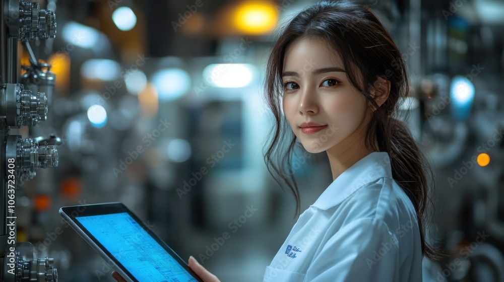 A young woman in a white lab coat stands in a factory, looking at a tablet, with a confident smile. A young woman in a white lab coat stands in a factory, looking at a tablet, with a confident smile.