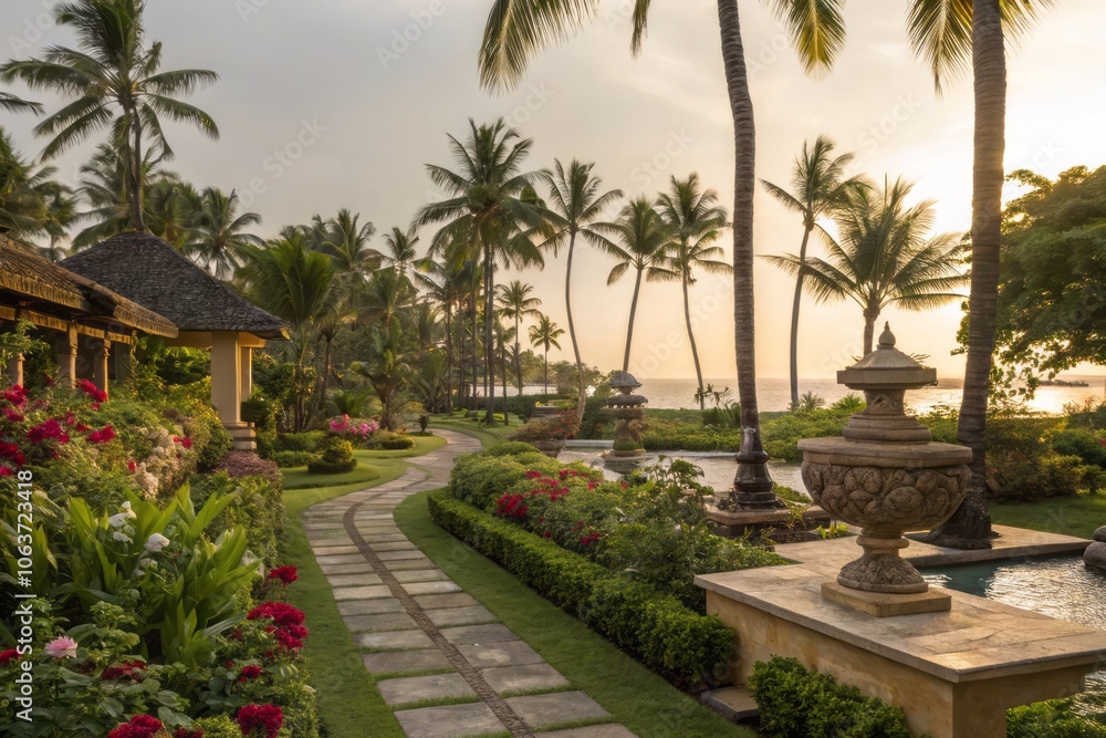 Soft Golden Lighting Enhances the Beauty of a Serene Tropical Garden with Lush Greenery and Flowers Soft Golden Lighting Enhances the Beauty of a Serene Tropical Garden with Lush Greenery and Flowers