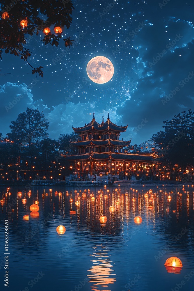 Chinese Temple Reflections on Water with Full Moon and Stars Chinese Temple Reflections on Water with Full Moon and Stars
