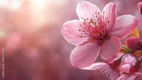 A close-up of a single cherry blossom bloom, highlighting its intricate details and soft pink hues, set against a blurred background.