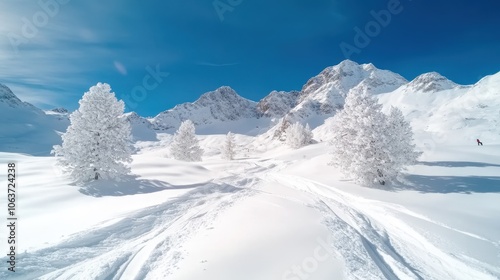 Wallpaper Mural White snow-covered trees stand proudly against the backdrop of majestic mountains and a clear blue sky, creating an enchanting winter wonderland and serene landscape. Torontodigital.ca