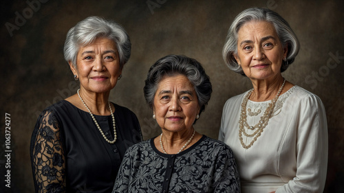 Three elderly women in formal attire, standing side by side, posing for a photograph.