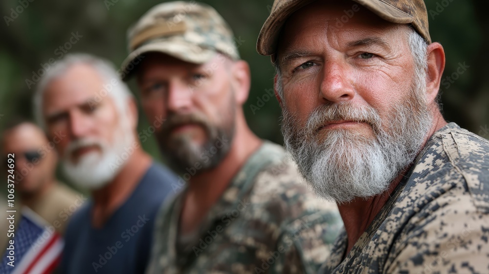 A group of mature men with beards stand confidently and proudly, wearing casual and camouflage attire, reflecting strength and camaraderie within a veteran community.