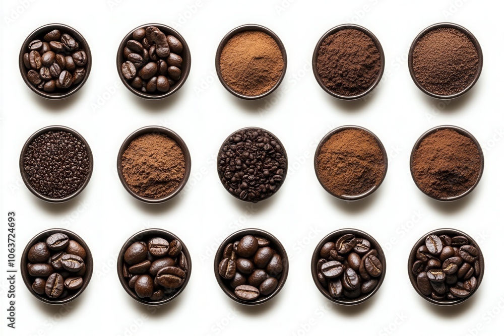 Variety of coffee beans ground coffee in circular formations Variety of coffee beans ground coffee in circular formations