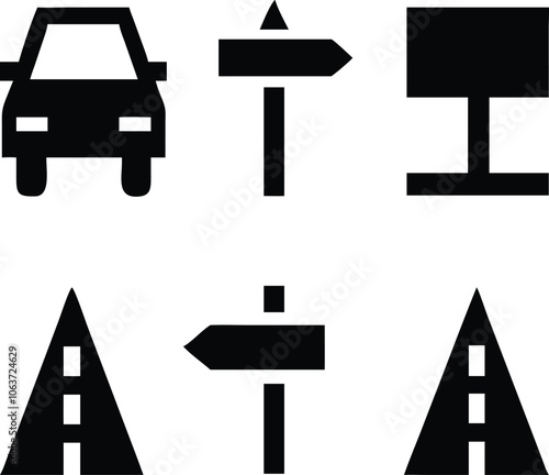 Vector black car road icons set. Highway symbols. Road signs