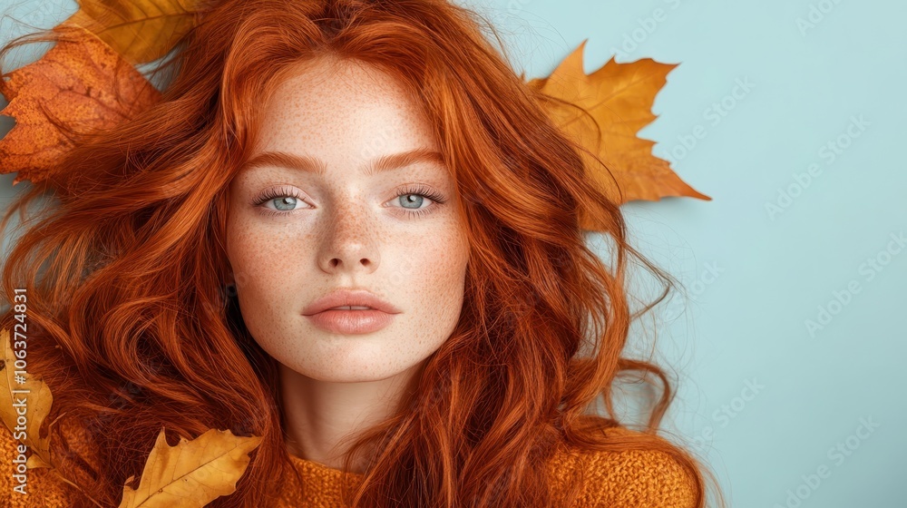 A striking portrait of a red-haired woman surrounded by autumn leaves, highlighting her vibrant hair and freckles against a blue background, representing fall's beauty. A striking portrait of a red-haired woman surrounded by autumn leaves, highlighting her vibrant hair and freckles against a blue background, representing fall's beauty.