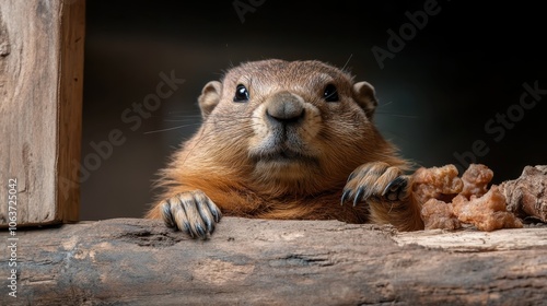 A cute prairie dog, with its tiny paws gripping a wooden frame, peers out with an expression of curiosity, inviting viewers to smile and connect with nature. photo