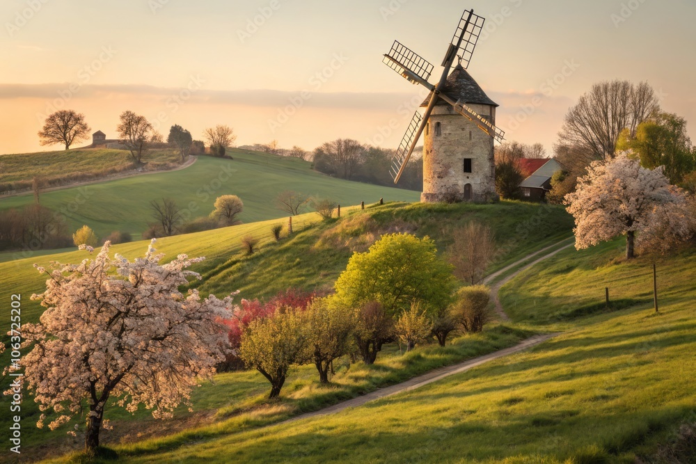 Softly Lit Old Windmill on Gentle Hill Surrounded by Lush Greenery Under a Clear Blue Sky Softly Lit Old Windmill on Gentle Hill Surrounded by Lush Greenery Under a Clear Blue Sky