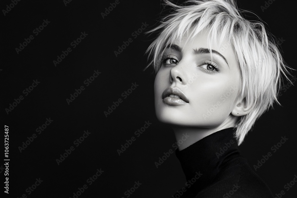 Beautiful Woman with Short Blonde Hair in Black and White Beautiful Woman with Short Blonde Hair in Black and White