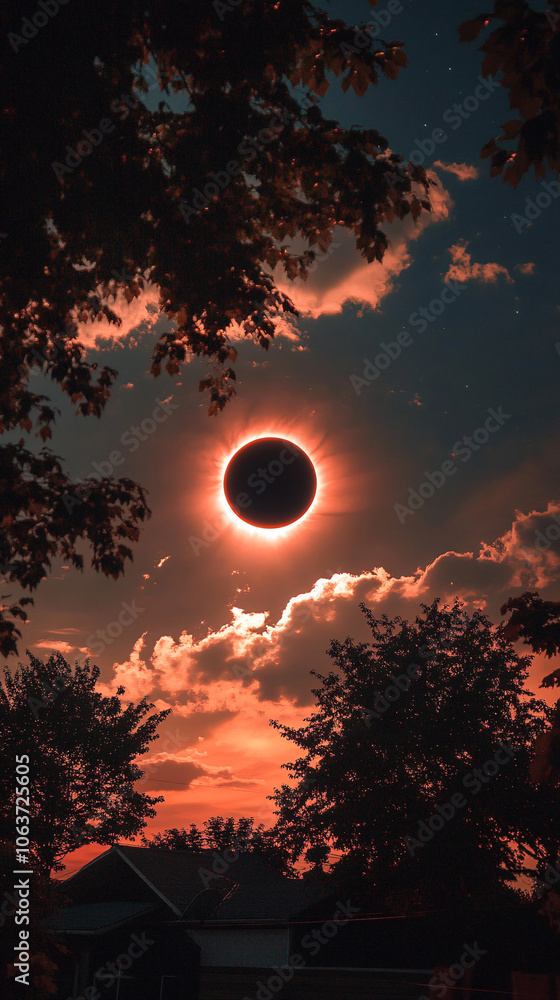 Obraz premium Amazing solar eclipse with yellow rays of light on the starry sky. Sun and moon in space 