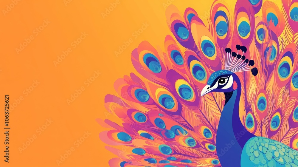Fototapeta premium A vibrant peacock displaying its colorful feathers against a bold orange background.