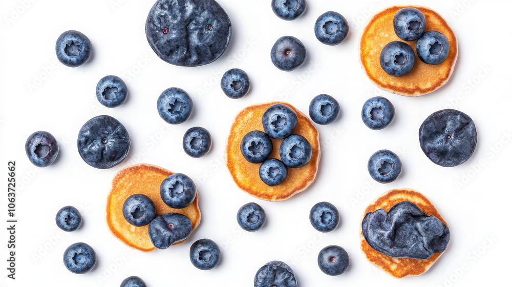 A flat lay of pancakes topped with blueberries, showcasing a colorful and appetizing arrangement. A flat lay of pancakes topped with blueberries, showcasing a colorful and appetizing arrangement.