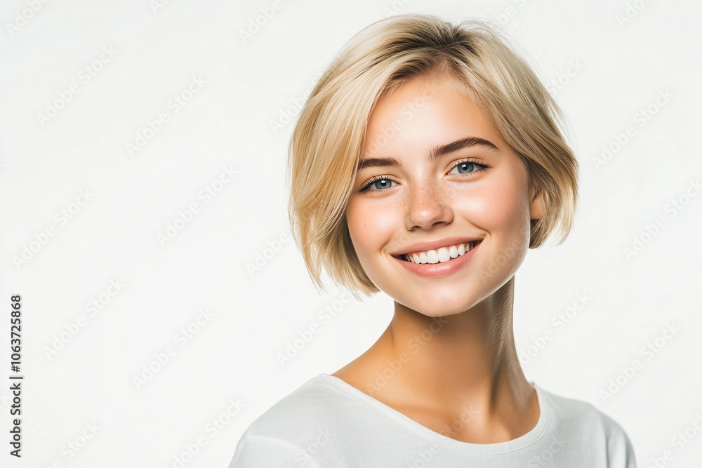 Portrait of a Smiling Young Woman with Blonde Hair and Freckles Portrait of a Smiling Young Woman with Blonde Hair and Freckles