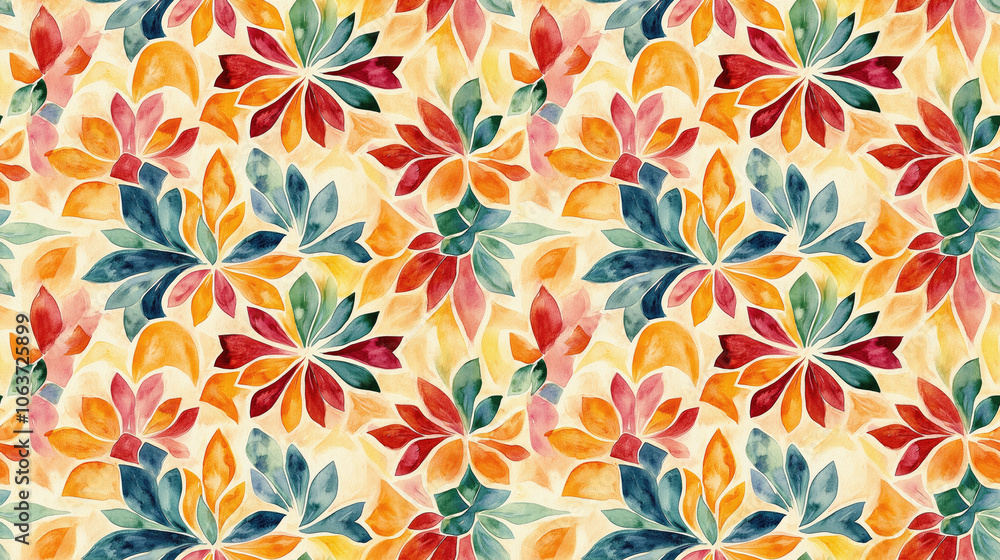 Seamless watercolor pattern featuring Majolica tiles and ethnic geometric shapes ideal for textile design and home decor Seamless watercolor pattern featuring Majolica tiles and ethnic geometric shapes ideal for textile design and home decor