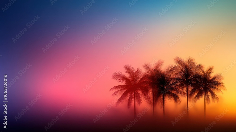 A captivating sunset with ethereal gradient hues forming a backdrop for palm trees, exemplifying the elegance and tranquility of a twilight scene, sparking relaxation. A captivating sunset with ethereal gradient hues forming a backdrop for palm trees, exemplifying the elegance and tranquility of a twilight scene, sparking relaxation.