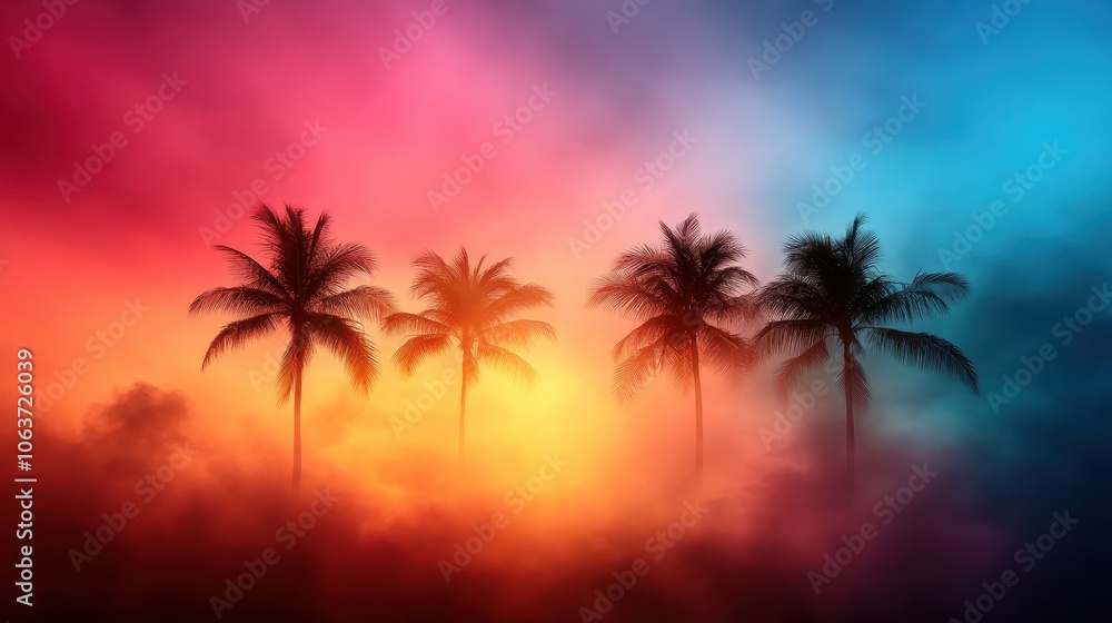 A breathtaking scene of a colorful sunset with vibrant hues behind four palm trees, enveloped in a gentle mist, symbolizing wonder and the beauty of nature. A breathtaking scene of a colorful sunset with vibrant hues behind four palm trees, enveloped in a gentle mist, symbolizing wonder and the beauty of nature.