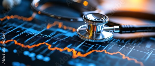 Obraz na płótnie A stethoscope rests on a digital health chart, symbolizing the intersection of medical technology and data analysis in healthcare. w salonie