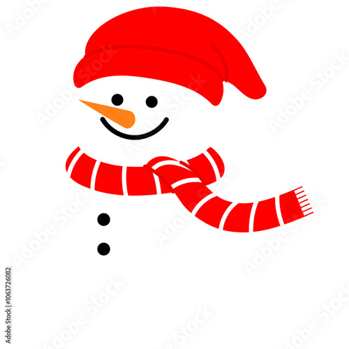 smiling snowman in red beanie hat and red scarf illustration