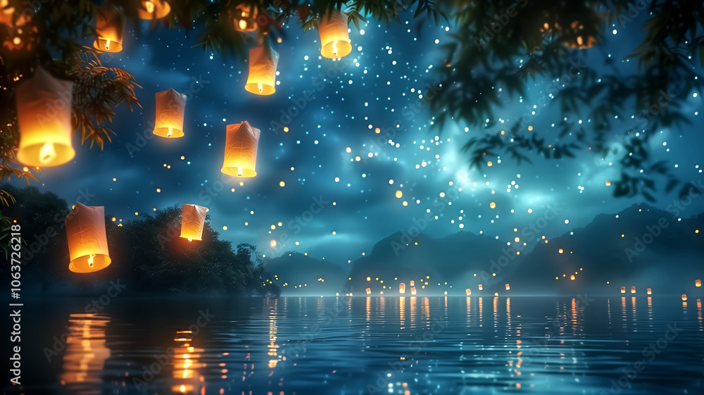 Floating sky lanterns in Thailand’s New Year illustrating g… Floating sky lanterns in Thailand’s New Year illustrating g…