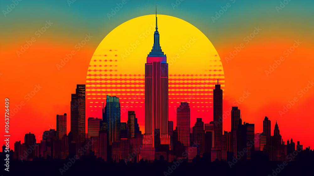 Retro City Skyline Sunset Illustration Retro City Skyline Sunset Illustration