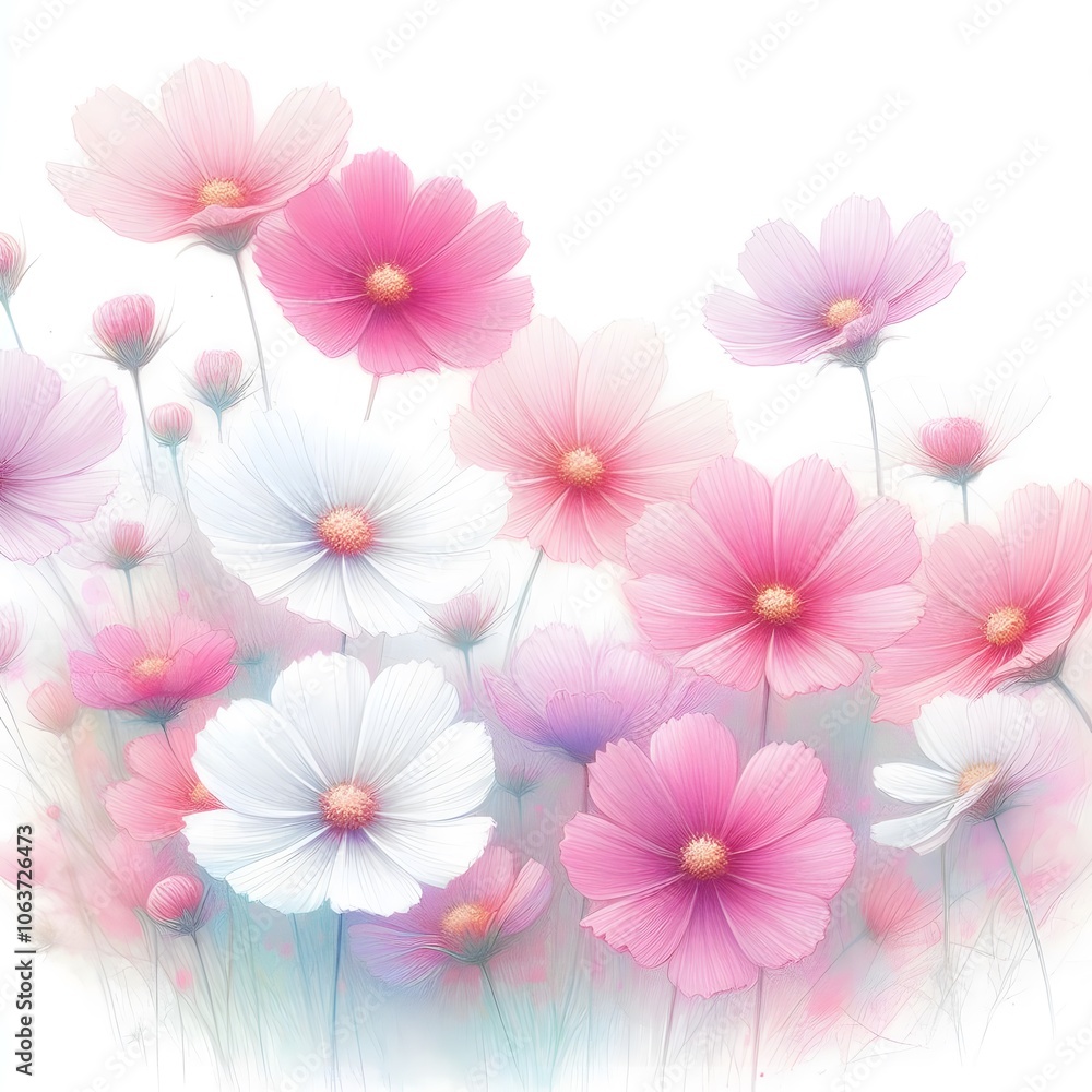 흰 배경, 코스모스, 파스텔화 (white background, cosmos, pastel painting) 흰 배경, 코스모스, 파스텔화 (white background, cosmos, pastel painting)