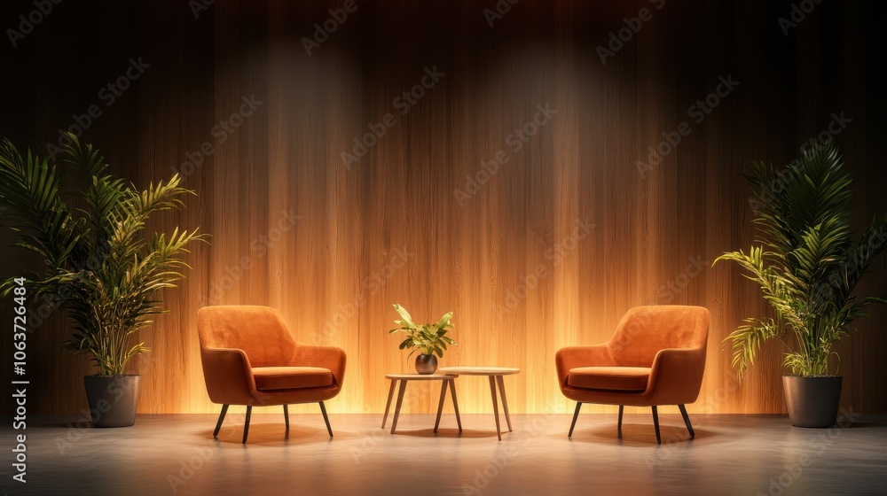 Two orange chairs face each other on a stage, surrounded by ambient lighting and tall plants, creating a warm, inviting atmosphere for conversation or relaxation. Two orange chairs face each other on a stage, surrounded by ambient lighting and tall plants, creating a warm, inviting atmosphere for conversation or relaxation.