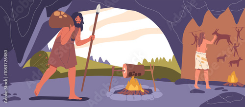 Cartoon Illustration Captures Stone Age Life With Hunter Carrying A Spear And A Bundle Of Goods In A Cave