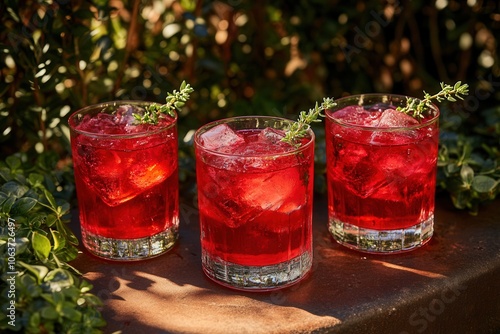 Refreshing herbal red cocktails with ice outdoors
