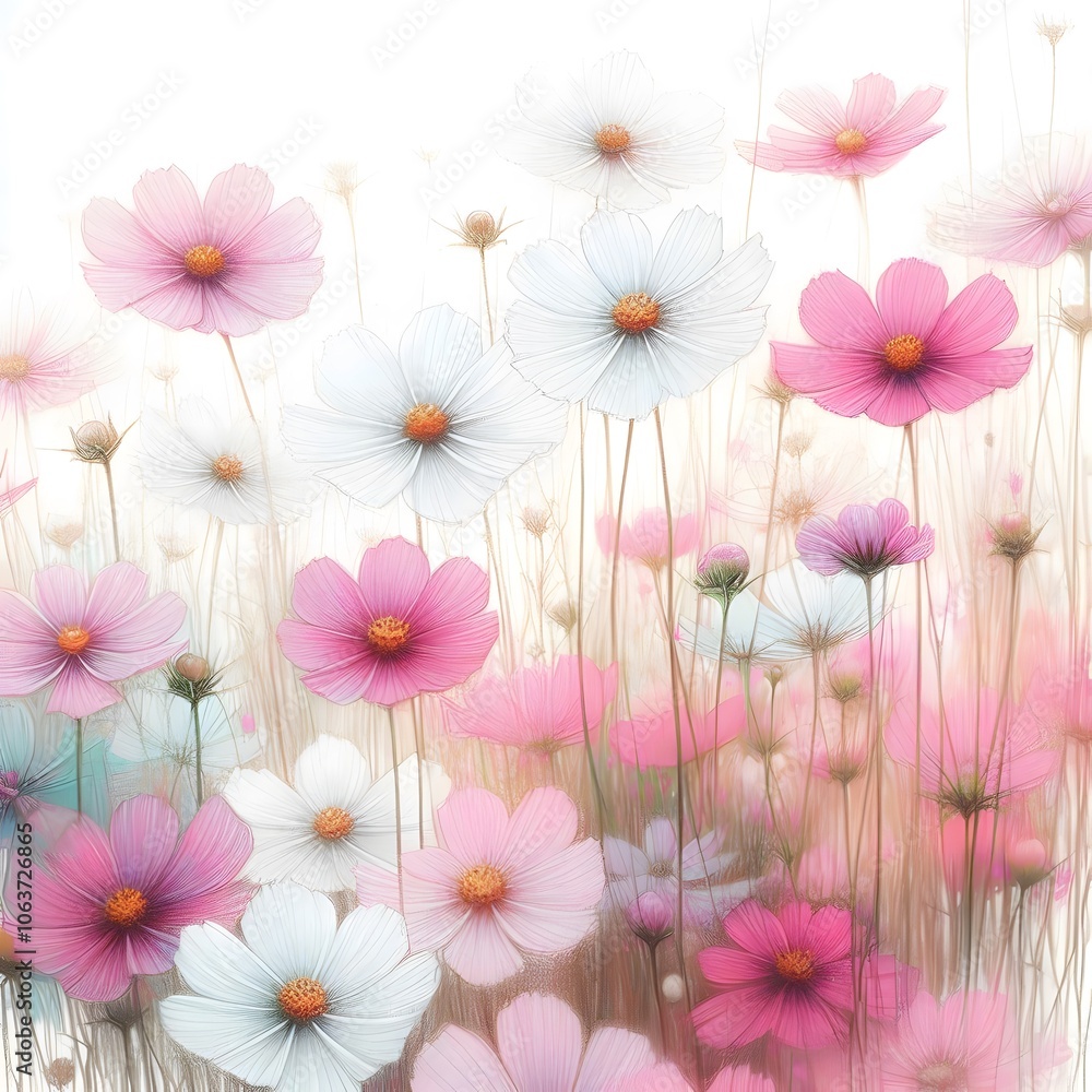 흰 배경, 코스모스, 파스텔화 (white background, cosmos, pastel painting) 흰 배경, 코스모스, 파스텔화 (white background, cosmos, pastel painting)