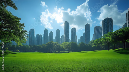 Green Grass Park with City ...