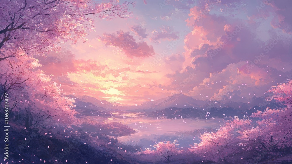 Fototapeta premium A soft, pastel landscape featuring cherry blossoms in full bloom under a gentle sunset, casting a warm glow and inviting serenity.