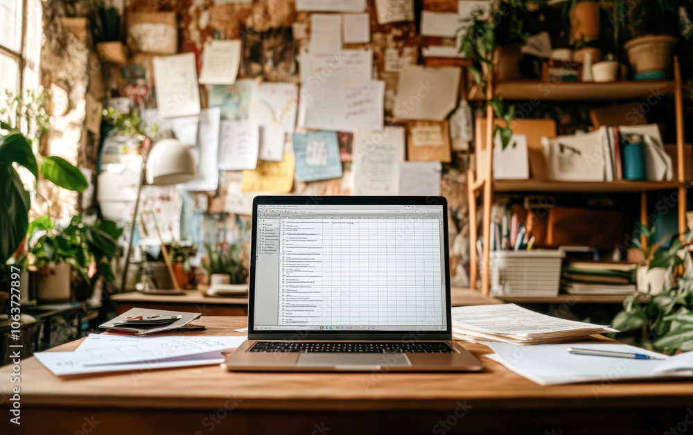 Fototapeta premium A laptop is on a desk in front of a wall covered with papers and notes