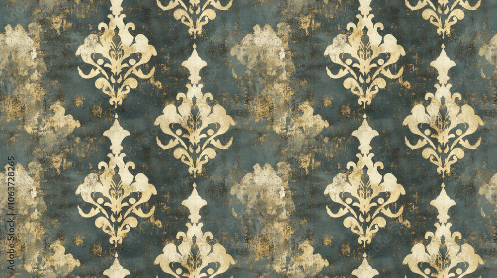 Geometric damask pattern featuring a textured grunge finish ideal for textile design and background applications Geometric damask pattern featuring a textured grunge finish ideal for textile design and background applications