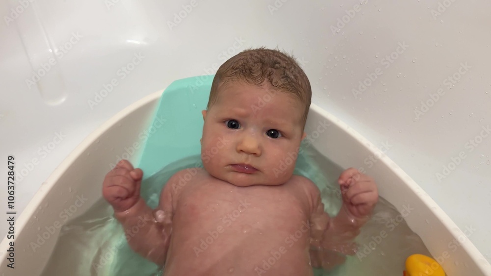 beautiful baby, newborn infant taking bath with rubber duck beautiful baby, newborn infant taking bath with rubber duck
