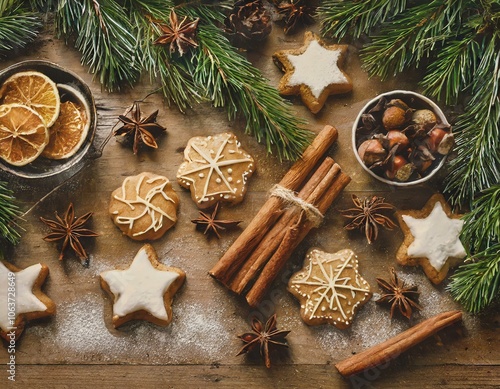 Traditionelles Stillleben mit Weihnachtsplätzchen, Zimtstangen und Tannenzweigen auf Holztisch photo