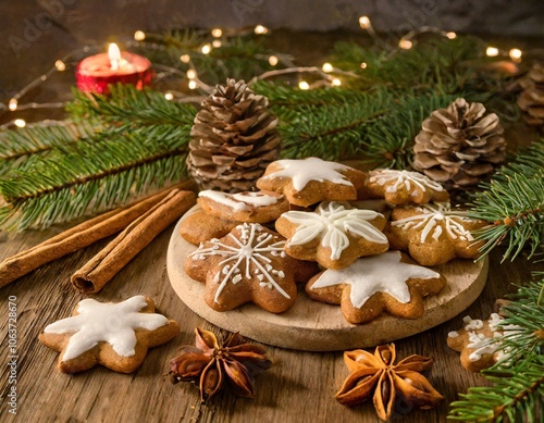 Traditionelles Stillleben mit Weihnachtsplätzchen, Zimtstangen und Tannenzweigen auf Holztisch