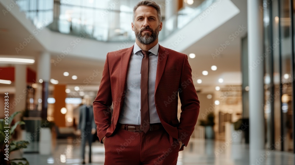 custom made wallpaper toronto digitalA man with a distinguished presence and stylish beard, dressed in a sharp red suit, poses confidently in a brightly lit, modern architectural setting.