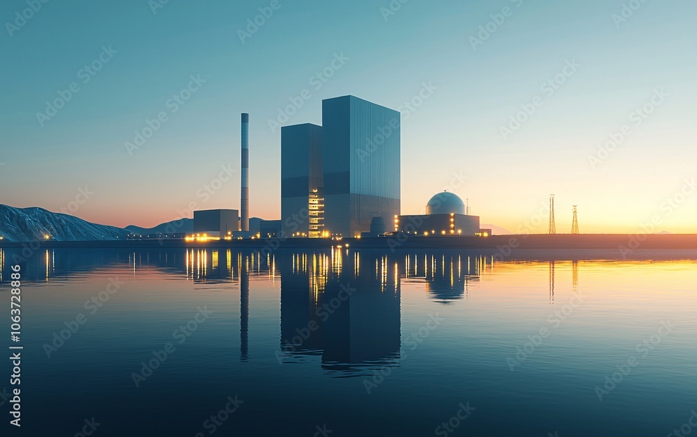 Naklejka premium A modern industrial complex reflects beautifully on calm waters during sunset, showcasing innovative architecture and serene surroundings.