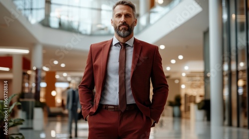Wallpaper Mural A man with a distinguished presence and stylish beard, dressed in a sharp red suit, poses confidently in a brightly lit, modern architectural setting. Torontodigital.ca